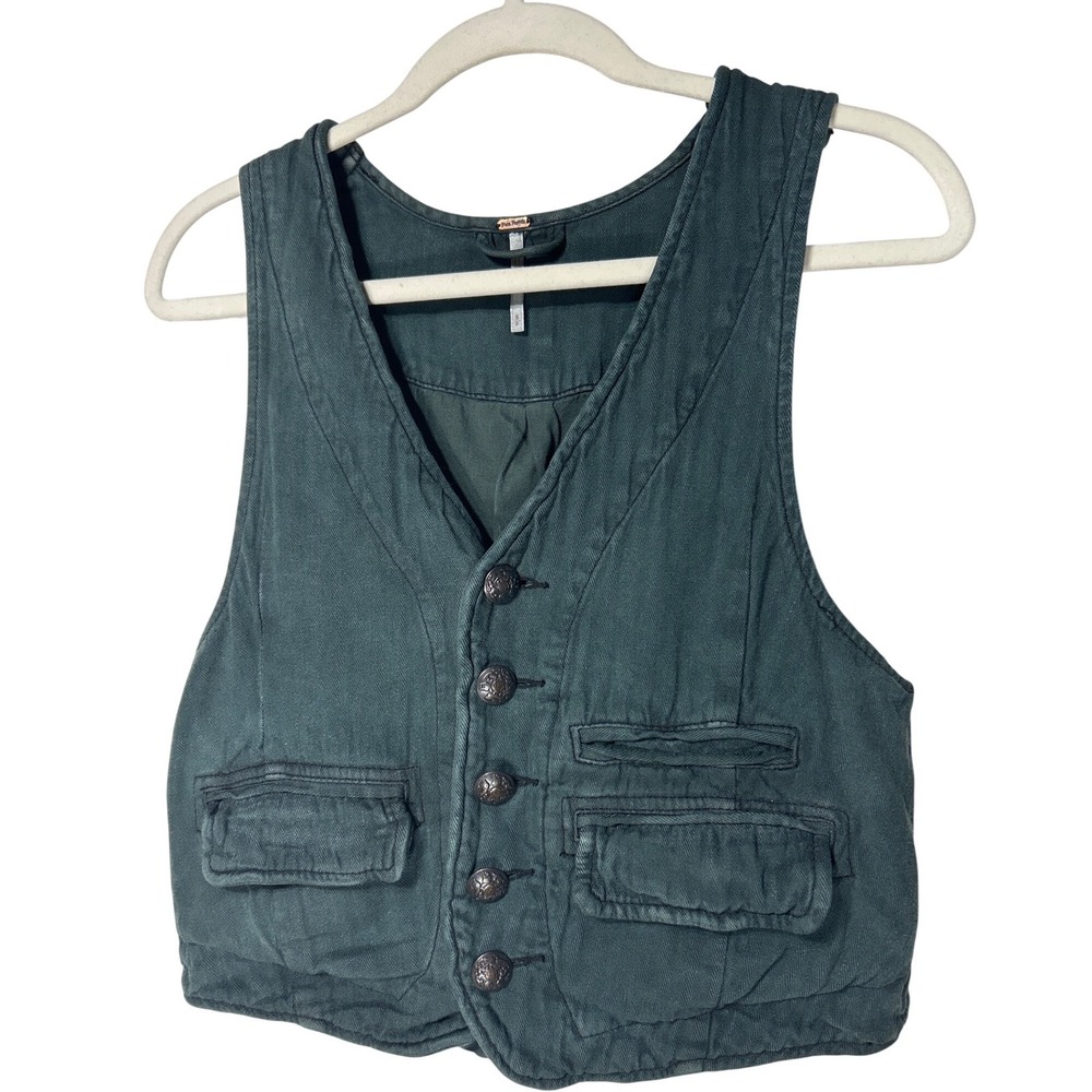 Free People Green Linen Cotton Utility Cargo Vest Cropped Ornate Button Small